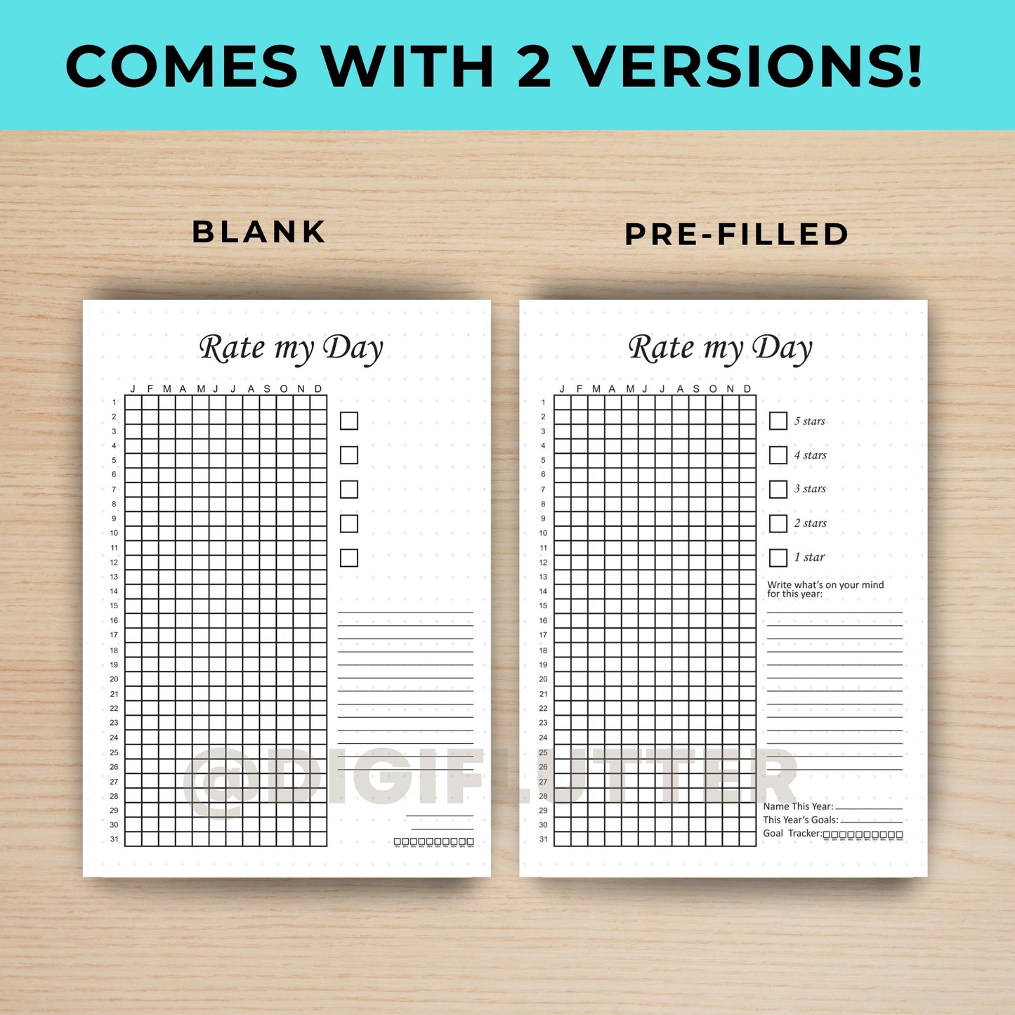 Rate My Day - Printable Daily Journal Page | Mood & Day Rating Tracker | Year in Pixels | Monthly Mood Tracker | Planner Insert