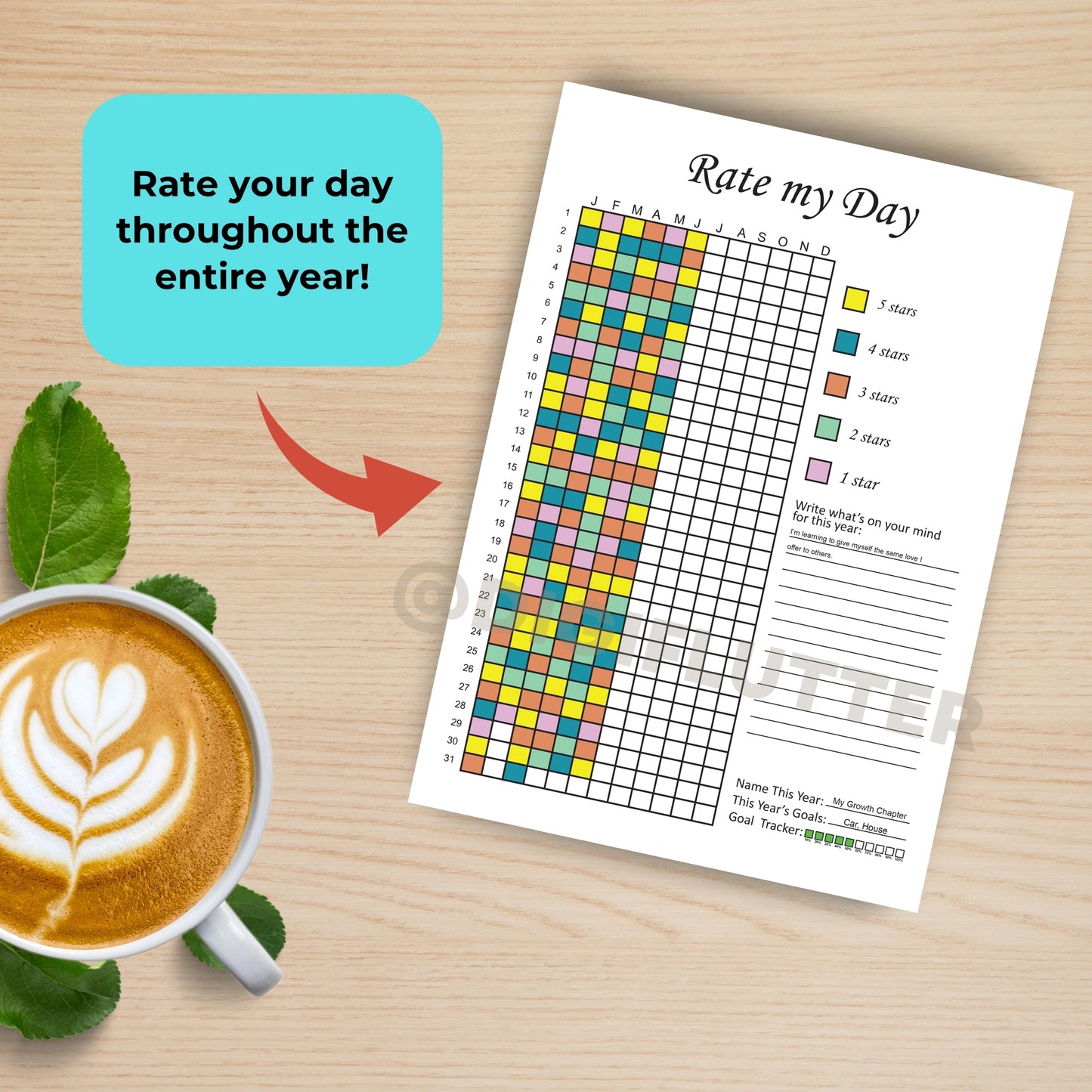 Rate My Day - Printable Daily Journal Page | Mood & Day Rating Tracker | Year in Pixels | Monthly Mood Tracker | Planner Insert