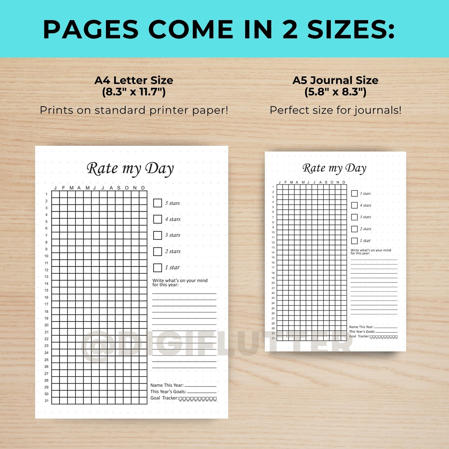 Rate My Day - Printable Daily Journal Page | Mood & Day Rating Tracker | Year in Pixels | Monthly Mood Tracker | Planner Insert