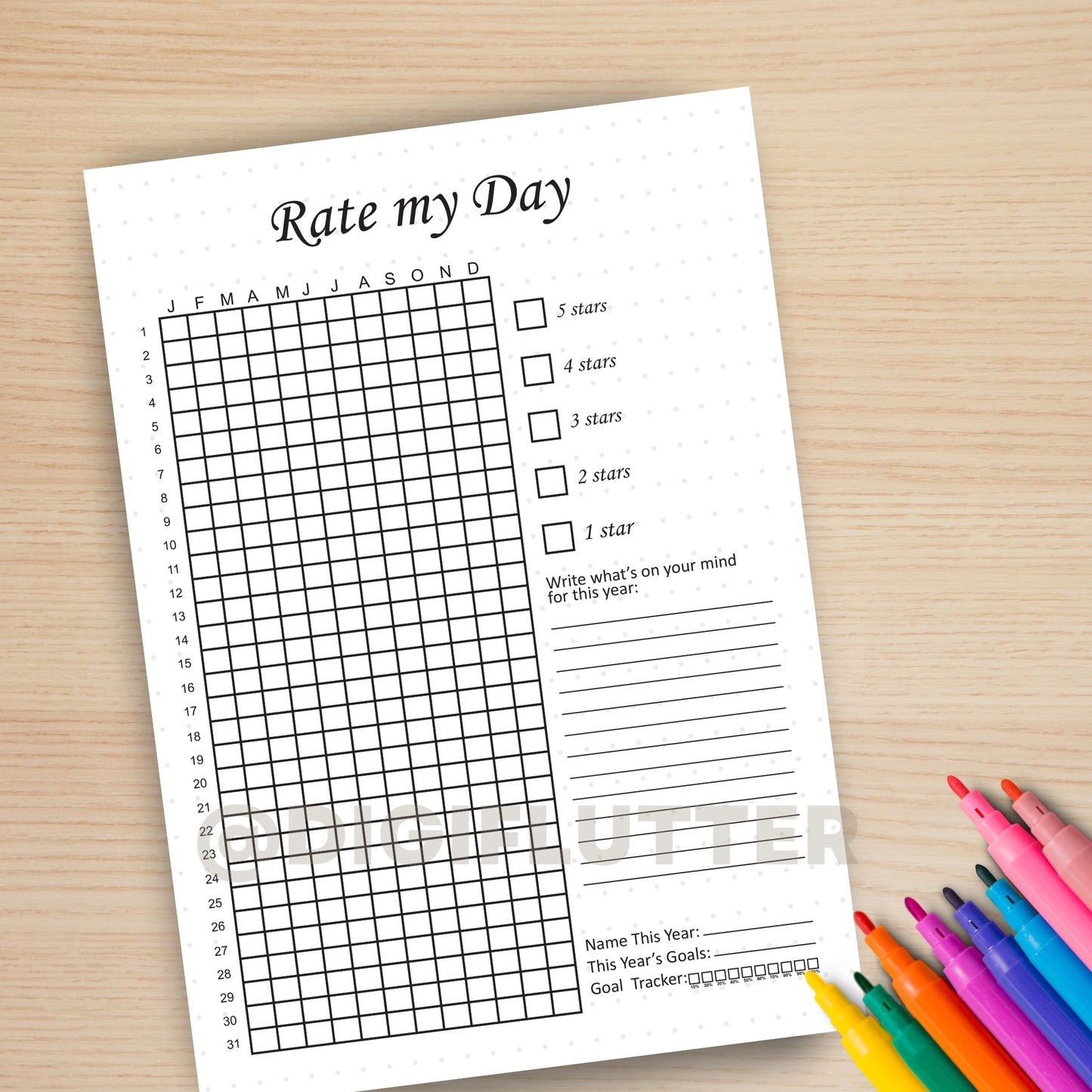 Rate My Day - Printable Daily Journal Page | Mood & Day Rating Tracker | Year in Pixels | Monthly Mood Tracker | Planner Insert