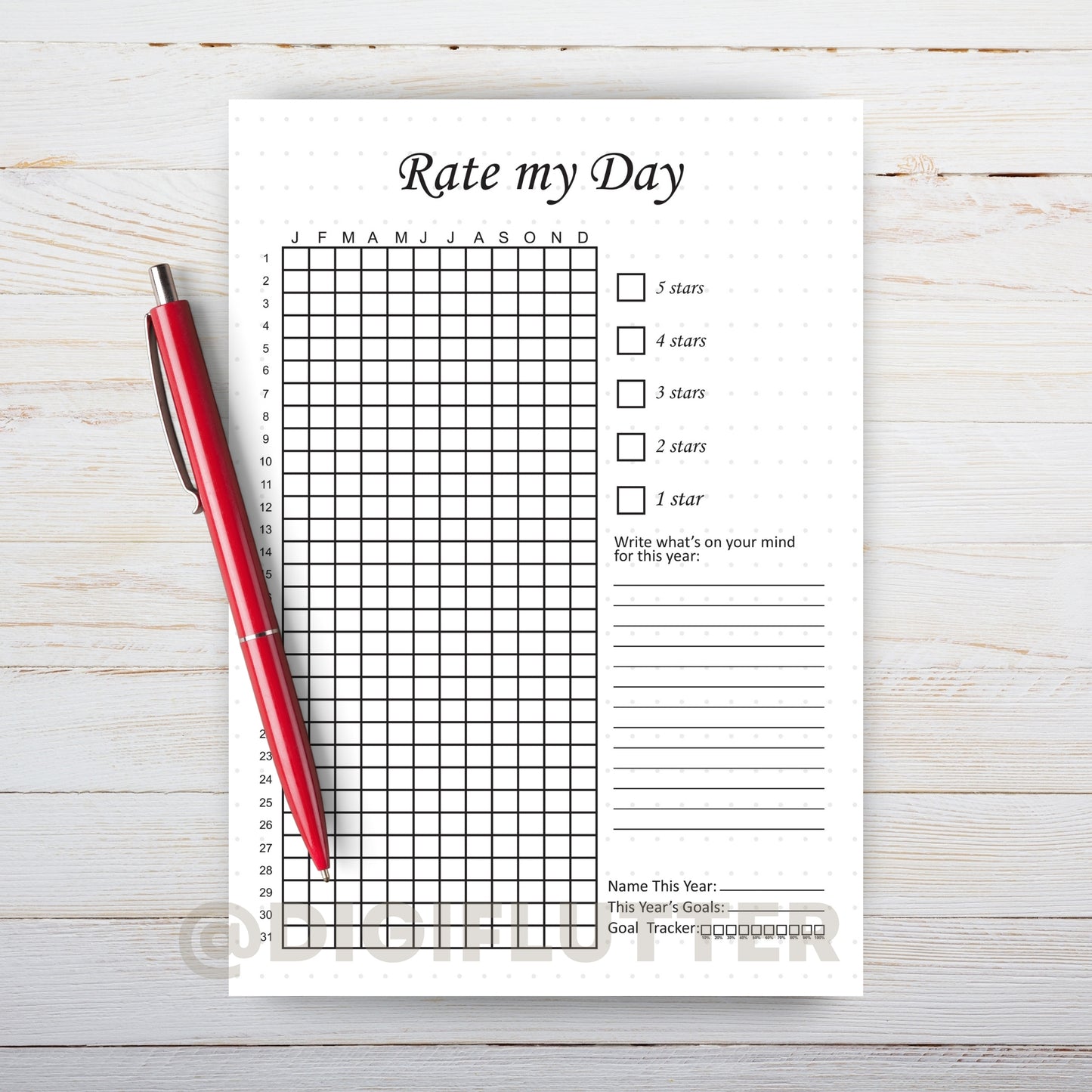 Rate My Day - Printable Daily Journal Page | Mood & Day Rating Tracker | Year in Pixels | Monthly Mood Tracker | Planner Insert