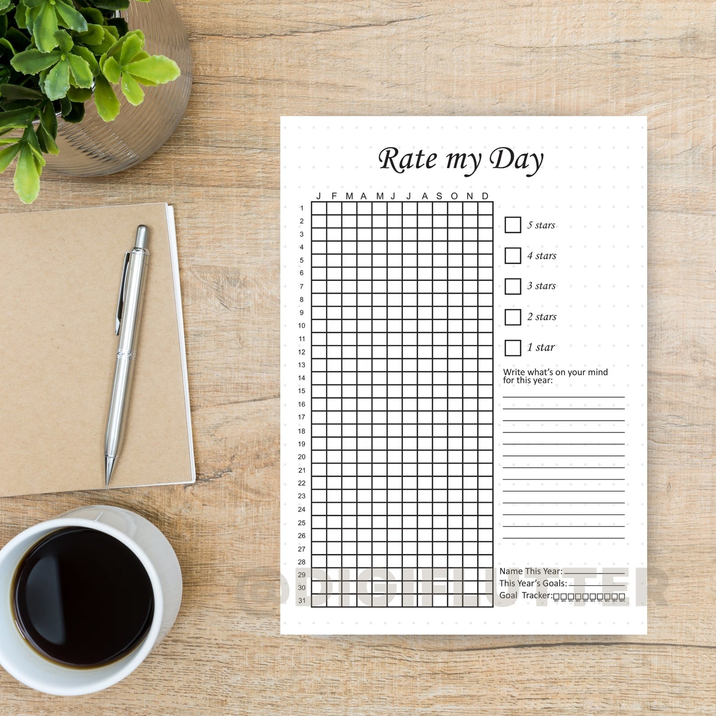 Rate My Day - Printable Daily Journal Page | Mood & Day Rating Tracker | Year in Pixels | Monthly Mood Tracker | Planner Insert