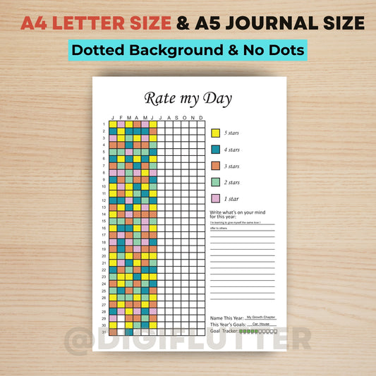 Rate My Day - Printable Daily Journal Page | Mood & Day Rating Tracker | Year in Pixels | Monthly Mood Tracker | Planner Insert