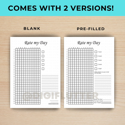 Rate My Day - Printable Daily Journal Page | Mood & Day Rating Tracker | Year in Pixels | Monthly Mood Tracker | Planner Insert