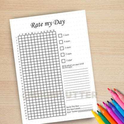 Rate My Day - Printable Daily Journal Page | Mood & Day Rating Tracker | Year in Pixels | Monthly Mood Tracker | Planner Insert